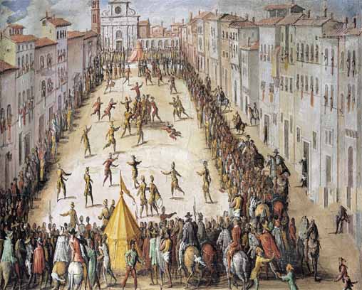 peinture chaotique d'un match du calcio fiorentino de la Renaissance
