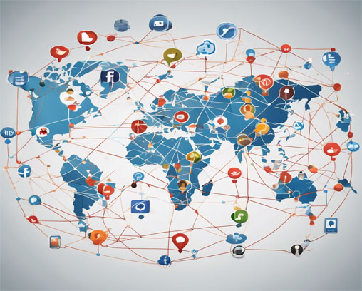 (Generado por IA) Mapa del mundo con íconos de redes sociales y líneas que indican conexiones comerciales globales.
