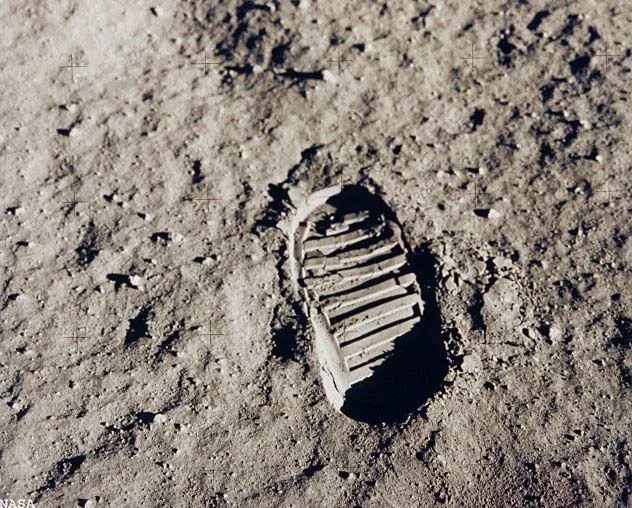 Apollo 11 astronaut Edwin Aldrin photographed this iconic photo, a view of his footprint in the lunar soil, as part of an experiment to study the nature of lunar dust and the effects of pressure on the surface during the historic first manned moon landing in July 1969.