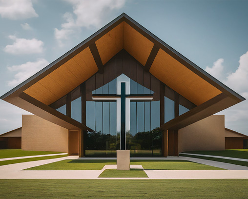 Photo d'un bâtiment moderne et minimaliste avec un grand crucifix sur la façade, représentant un centre ou une église de l'Opus Dei. La photo suggère le contraste entre les croyances traditionnelles de l'organisation et sa représentation dans le « Da Vinci Code ».
