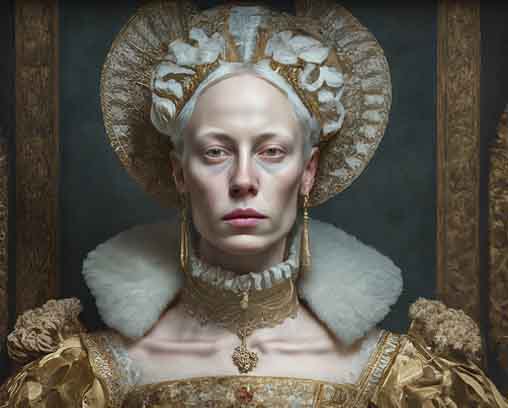 Retrato generado por IA de una noble renacentista de piel extremadamente pálida