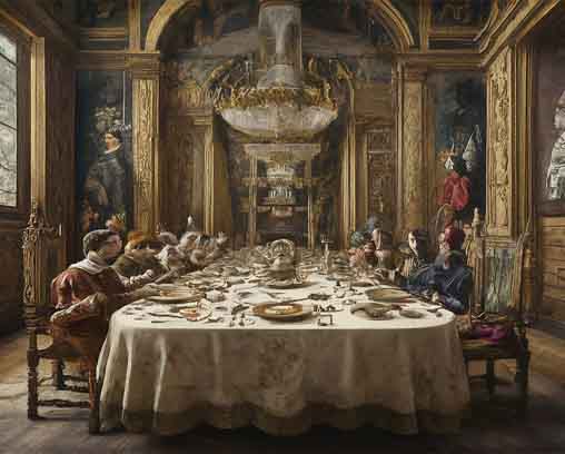 AI Generated: A Renaissance dining set with spoons and knives, but no forks in sight
