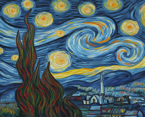  (AI Generated)Vincent van Gogh's iconic painting "The Starry Night," featuring a swirling night sky, vibrant stars, and a cypress tree.