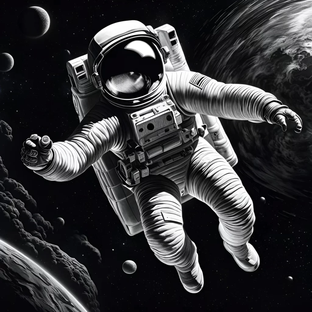astronaut floating in the blackness of space.