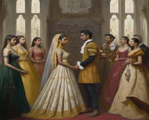 Généré par l'IA : Peinture d'une cérémonie de mariage de la Renaissance, le couple ayant l'air plutôt sombre.
