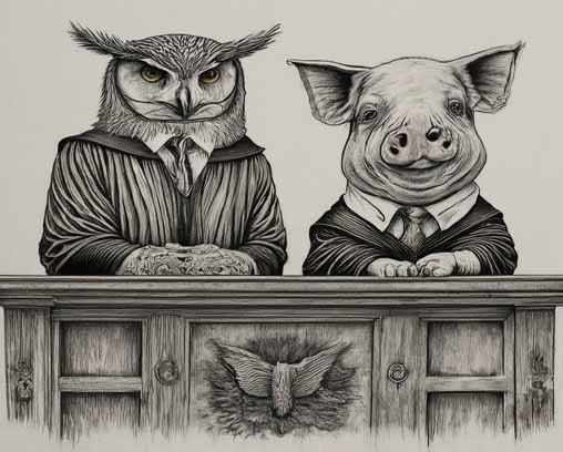 Illustration satirique générée par l'IA d'un cochon et d'un autre aigle en procès dans une salle d'audience.
