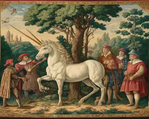 AI Generated: A tapestry depicting a unicorn hunt

