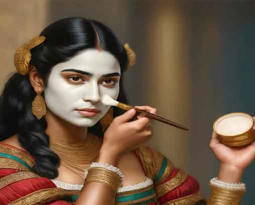 Femme générée par IA appliquant un maquillage blanc, contenant peut-être du plomb