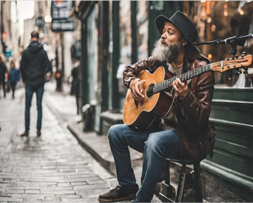 Un músico que actúa en un pequeño local local o que toca en la calle podría representar a los muchos que trabajan duro sin gran éxito.