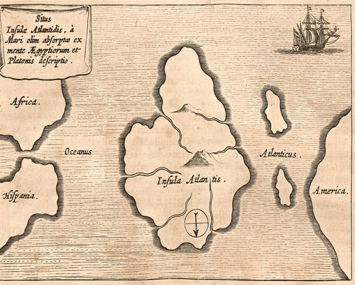 Carte de l’Atlantide d’Athanasius Kircher, la plaçant au milieu de l’océan Atlantique, tirée de Mundus Subterraneus 1669, publiée à Amsterdam. La carte est orientée avec le sud en haut.

