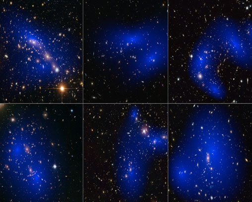 Collage de seis colisiones de cúmulos con mapas de materia oscura. Los cúmulos se observaron en un estudio sobre cómo se comporta la materia oscura en los cúmulos de galaxias cuando los cúmulos colisionan.