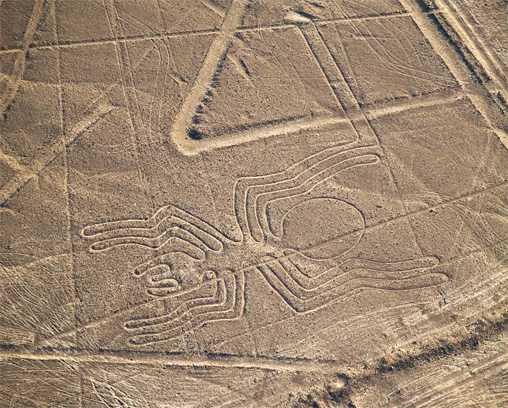 Vue aérienne des lignes de Nazca montrant ce qui est considéré comme la figure d’une araignée, sur la Pampa Colorada, près de Nazca, au Pérou.
