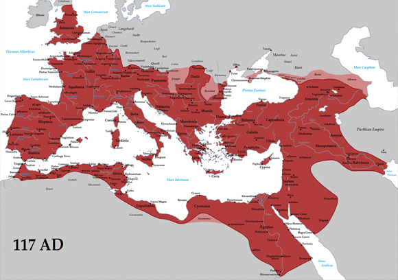 L’Empire romain (en rouge) et ses clients (en rose) en 117 après JC sous le règne de l’empereur Trajan.
