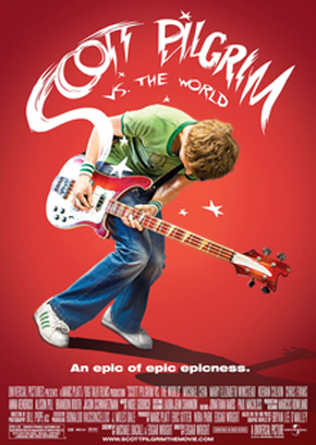 Un jeune homme blond joue avec emphase de la guitare basse sur un fond rouge, avec le logo du titre du film en blanc au-dessus, et le slogan en texte blanc suivi du générique en dessous
