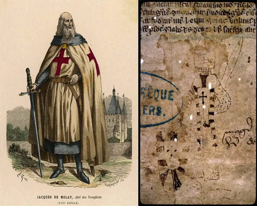 Jacques de Molay, Grand Master of the Knights Templar, Picture Alliance / Mary Evans Pi, via Welt.de; with Drawing of a Knight in Armor, probably a Templar, in the Code of Justinian, ca. 1290-1310, via Biblissima