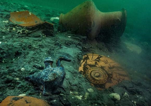 Artifacts at a Greek sanctuary to Aphrodite among the ruins of the ancient city Thonis-Heracleion.
