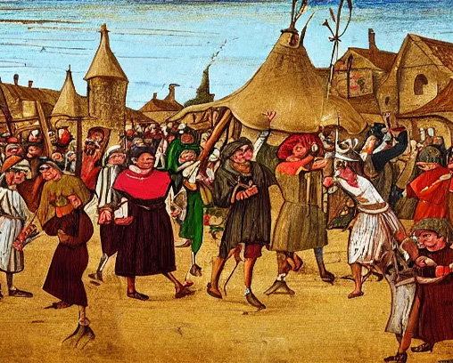 paysans médiévaux célébrant lors d’une fête