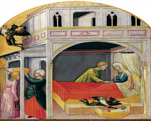 Le diable vole un bébé et laisse un changelin. Martino di Bartolomeo (début du XVe siècle). WordPress (en anglais)
