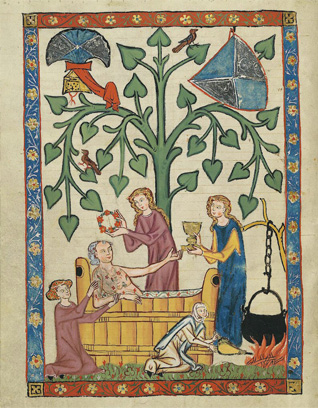 Manuscrit de la Grande Chanson de Heidelberg, 1300-1340, allemand. Parchemin, 14 po. x 10 po. Université de Heidelberg