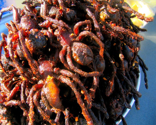 Araignées frites en vente sur un marché de Skuon («&nbsp;Spiderville&nbsp;»)
