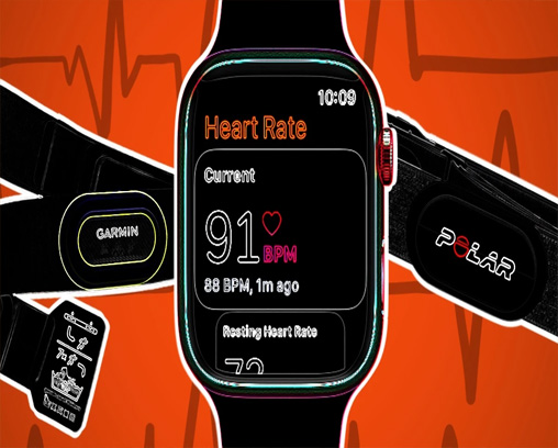 Personne portant plusieurs dispositifs de suivi de la santé comme une montre intelligente et un moniteur de fréquence cardiaque
