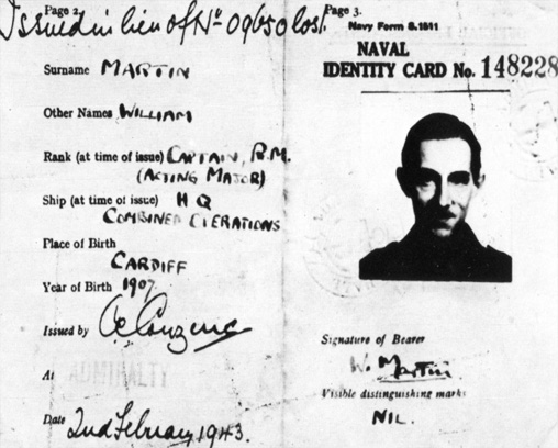 Naval identity card of Major Martin with photograph of Captain Ronnie Reed