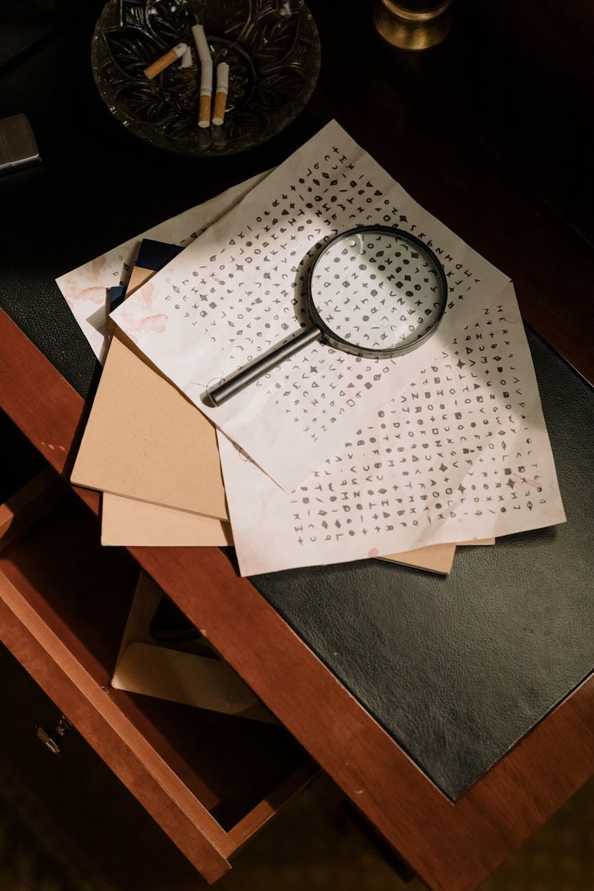 photo of cryptic character codes and magnifying glass on table top